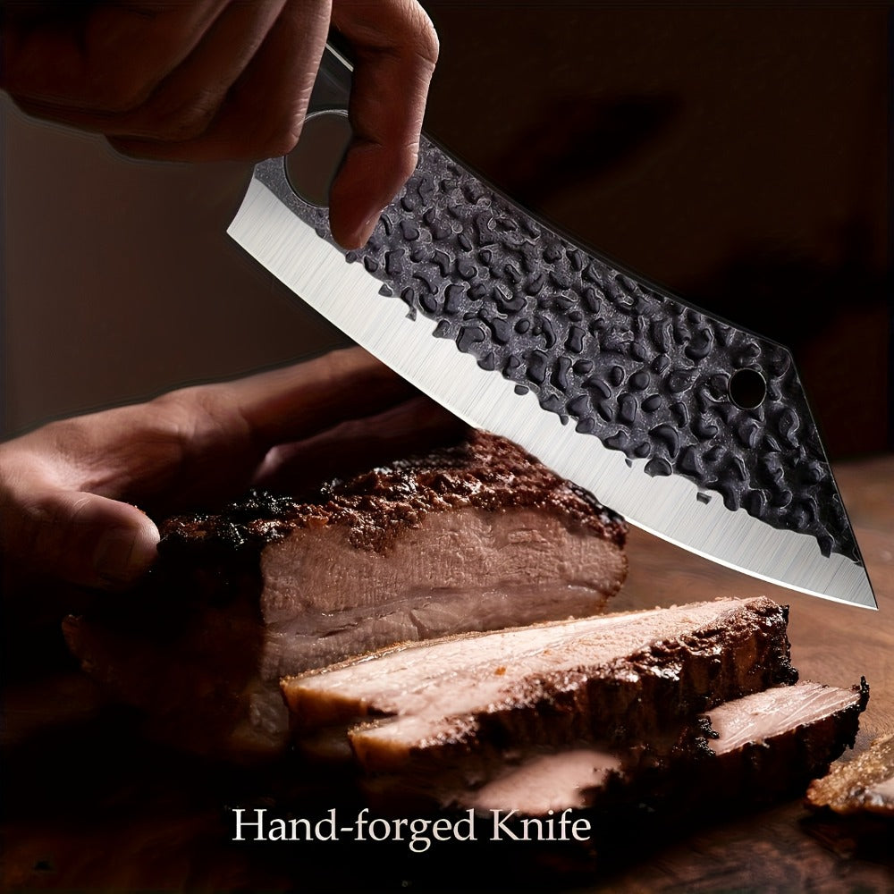 Wide 8-Inch Cleaver-Style Kitchen Knife with Finger Hole, Hammered-Look Blade and Wood-Tone Handle