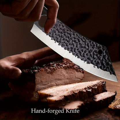 Wide 8-Inch Cleaver-Style Kitchen Knife with Finger Hole, Hammered-Look Blade and Wood-Tone Handle