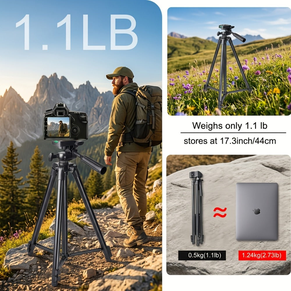 50-Inch Aluminum Camera Tripod with Pan-and-Tilt Head, Quick-Release Plate, Phone Clip and Carrying Bag in Black