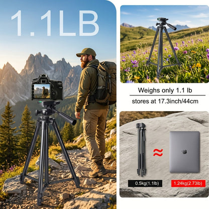 50-Inch Aluminum Camera Tripod with Pan-and-Tilt Head, Quick-Release Plate, Phone Clip and Carrying Bag in Black