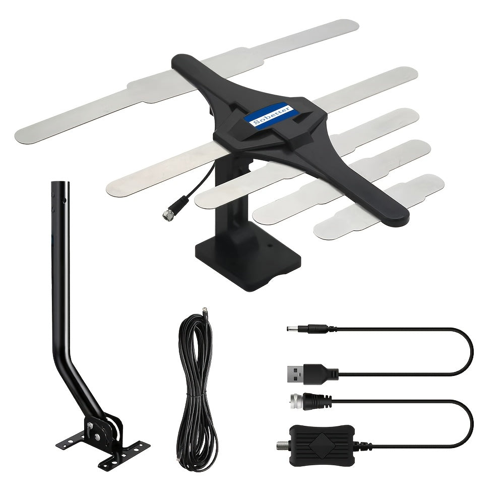 TV Antenna with Multi-Arm Receiver, J-Mount Bracket, USB-Powered Amplifier and Indoor or Attic Setup