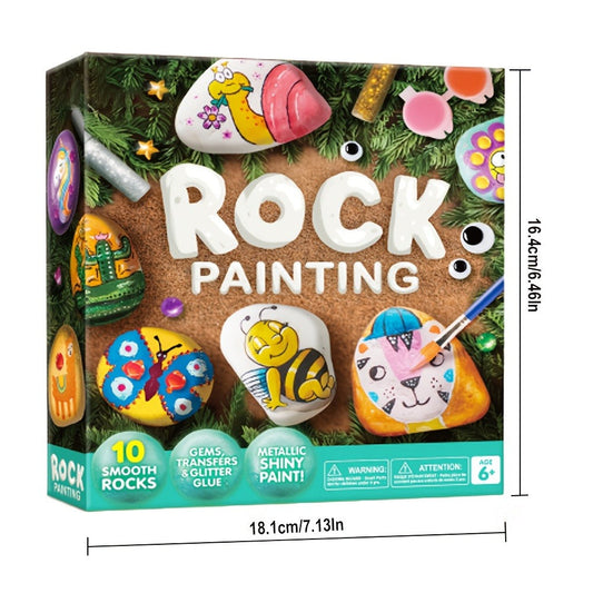 Rock Painting Kit for Kids 10 Stones 16 Paints 6 Metallic Colors Arts and Crafts Set for Girls Boys Ages 6+ DIY Stone Art with Gems Glitter Glue Stickers Brushes Birthday Christmas Gift