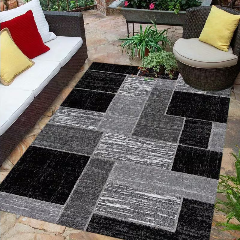 Outdoor Rug Geometric Washable | Black Gray Patio Balcony Pool Yard