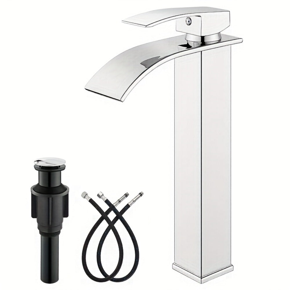 Single-Handle Waterfall Bathroom Faucet with Deck Plate, Drain Options and Single or Two-Piece Finishes