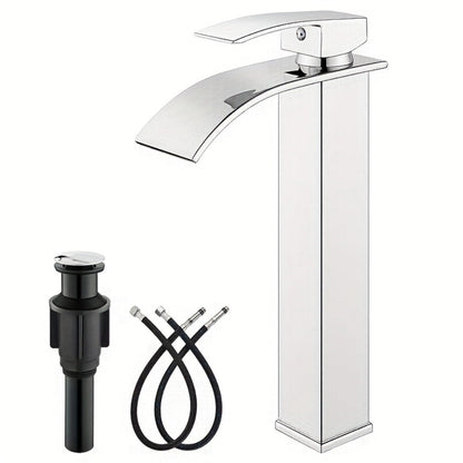 Single-Handle Waterfall Bathroom Faucet with Deck Plate, Drain Options and Single or Two-Piece Finishes