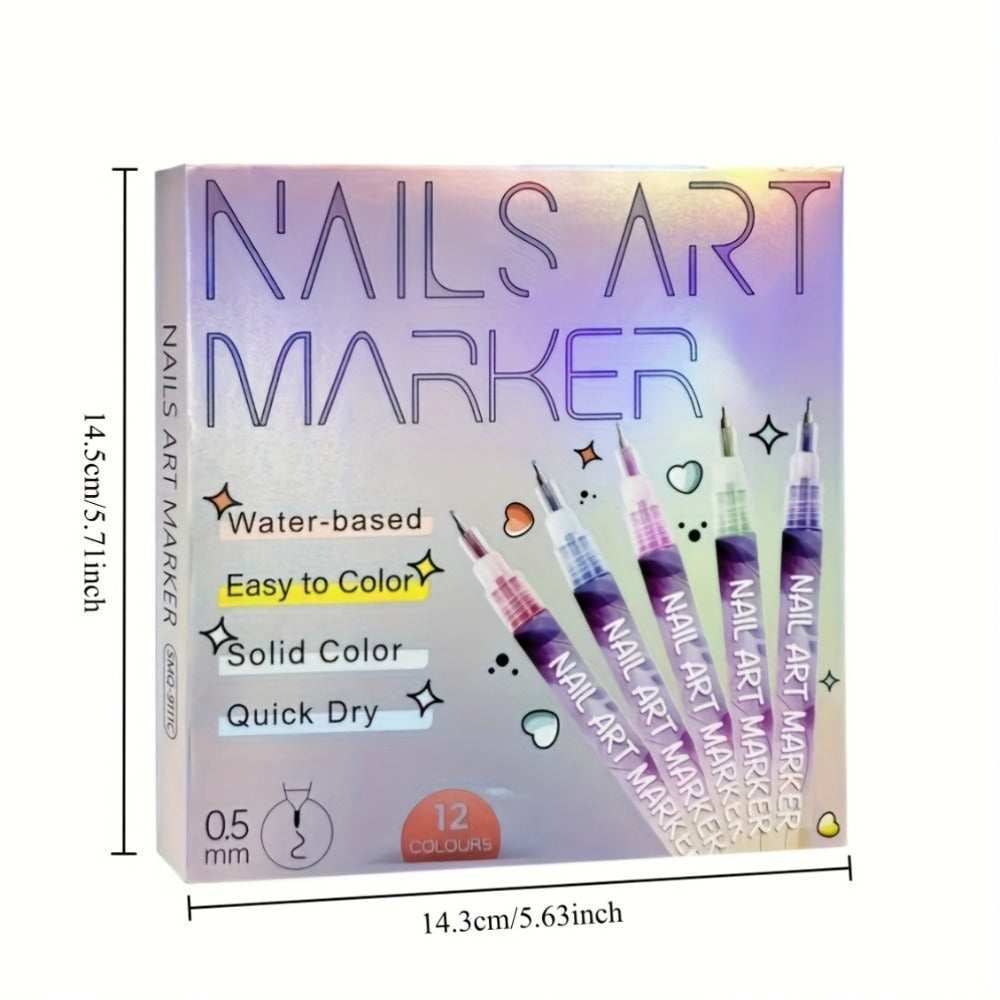 Nail Art Pens 12-Color Water-Based Marker Set with Round Clear Bodies and Extra-Fine Detail Tips