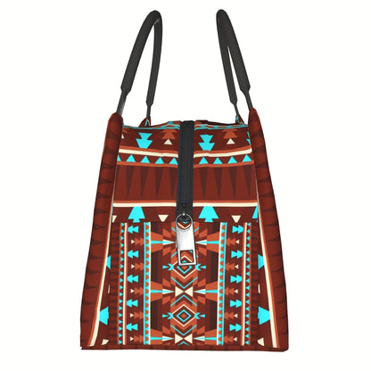 Insulated Cooler Bag Brown Geometric Pattern | Reusable Polyester Lunch Tote 11x6.5x7 In for Camping, Picnics & Beach Outings