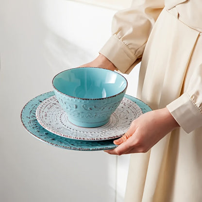 Sixteen-Piece Ceramic-Style Dinnerware Set for Four in White-Blue or Milky-White Coffee Colors