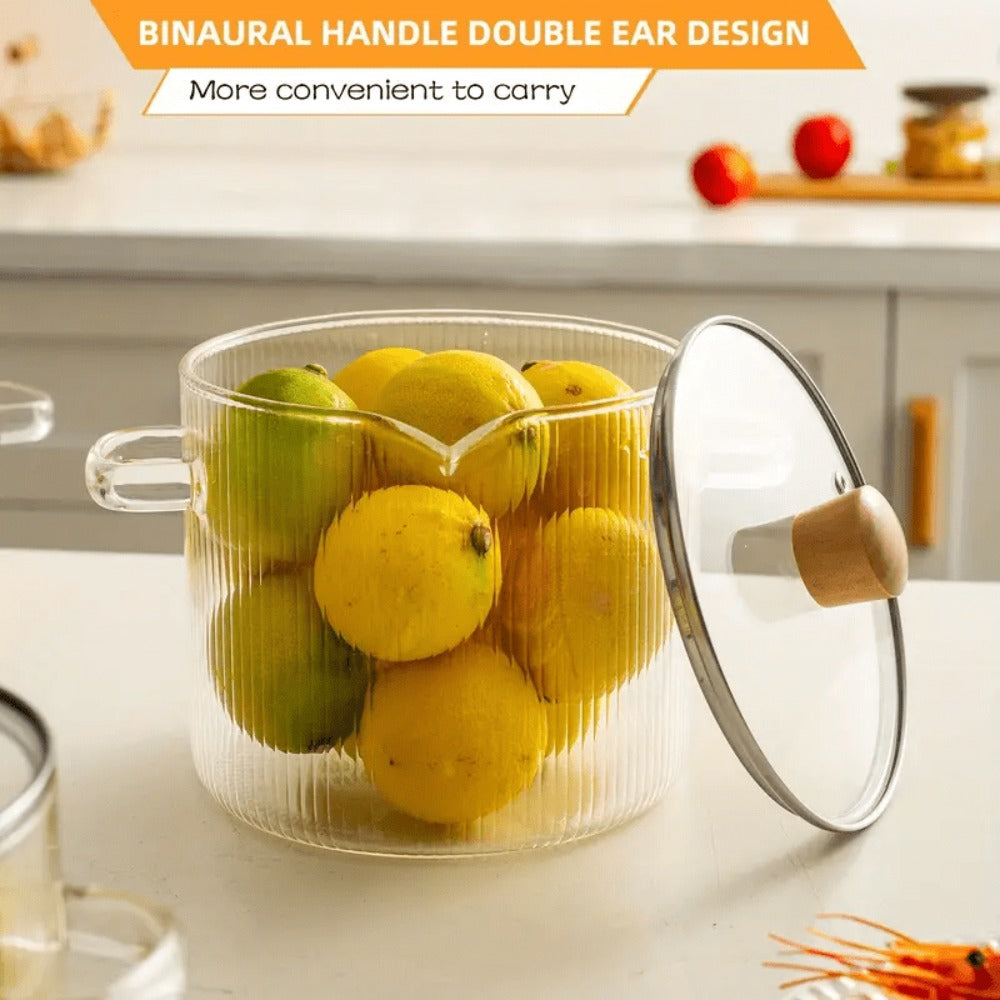Ribbed Transparent Glass Cooking Pot with Lid in 60.87oz or 77.77oz Sizes, Clear Side Handles and Pouring Spout