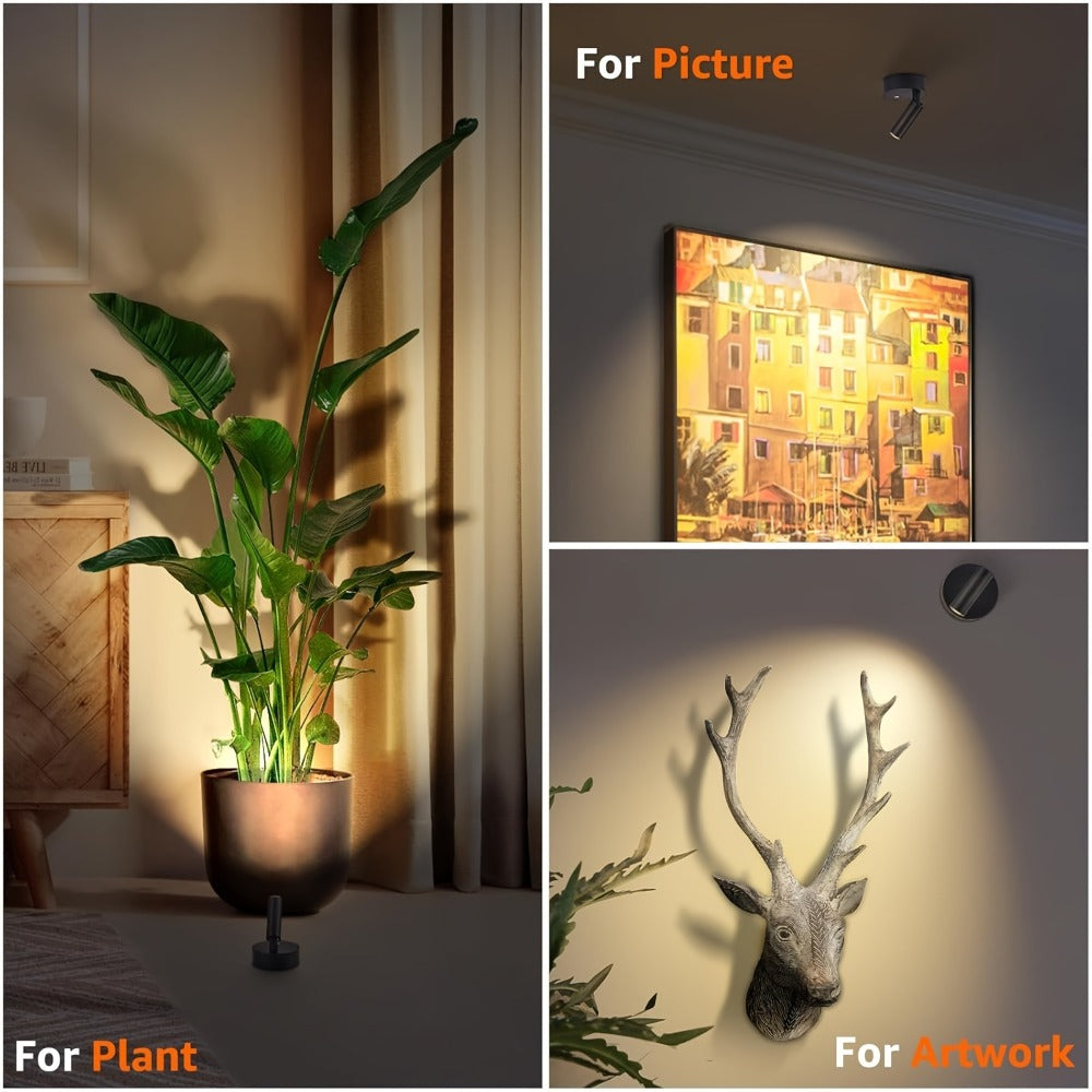 Rechargeable Indoor Spotlight LED – 3-Color Dimmable with Remote & Timer, 350° Adjustable, 2500mAh Battery, Magnetic Base Wall Accent Light for Pictures, Plants & Artwork (White / Black, 1 or 2 Pack)
