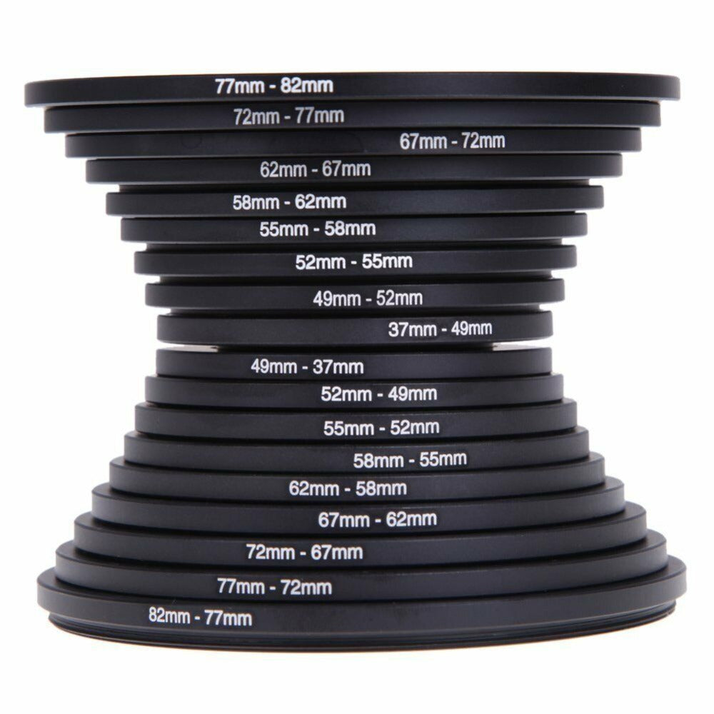 18-Piece Step-Up and Step-Down Lens Filter Adapter Ring Set Covering 37–82 mm Thread Sizes