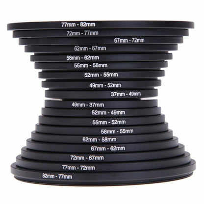 18-Piece Step-Up and Step-Down Lens Filter Adapter Ring Set Covering 37–82 mm Thread Sizes