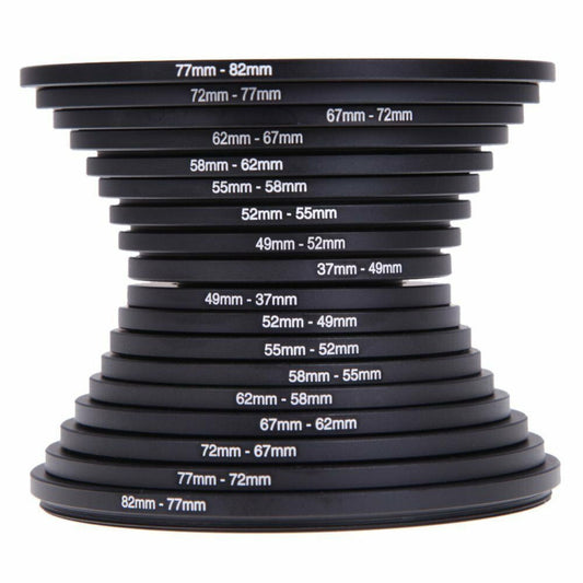 Step-Up Step-Down Lens Filter Adapter Rings 18pcs Set for DSLR Camera 37-82mm Aluminum Alloy Filter Ring Kit Compatible with Canon Nikon Sony Lenses