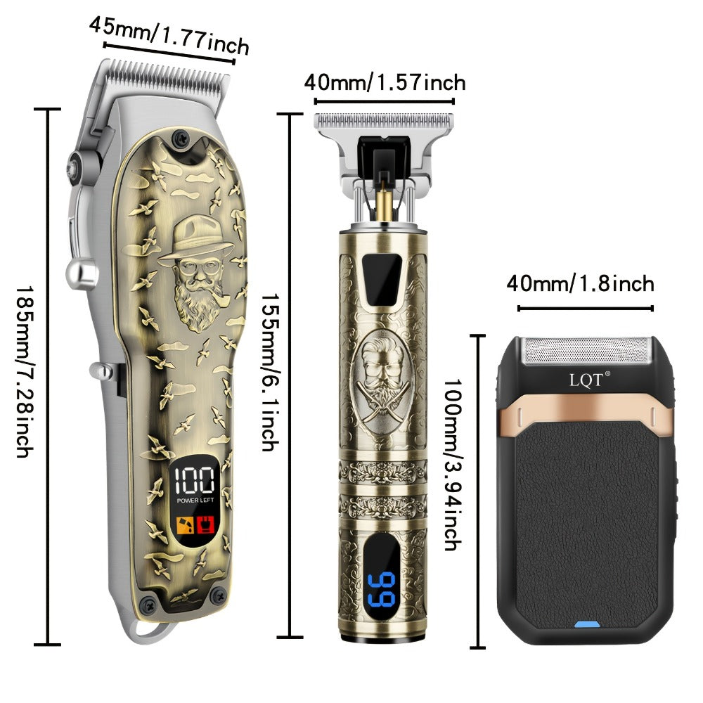 Electric Hair Clipper Set for Men - LQT USB Rechargeable 2000mAh with Engraving Scissors Metal Digital Display Cordless Barber Kit 2 3 4 Piece Home Salon Bronze Gift
