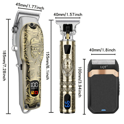 Electric Hair Clipper Set for Men - LQT USB Rechargeable 2000mAh with Engraving Scissors Metal Digital Display Cordless Barber Kit 2 3 4 Piece Home Salon Bronze Gift