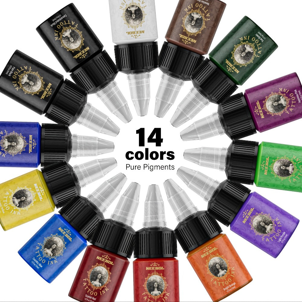 Tattoo Ink 14- or 21-Color Set with 0.5oz 15ml Bottles and Two Source Palette Choices for Color Selection