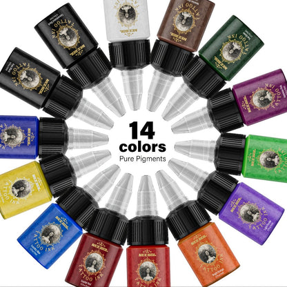 Tattoo Ink 14- or 21-Color Set with 0.5oz 15ml Bottles and Two Source Palette Choices for Color Selection