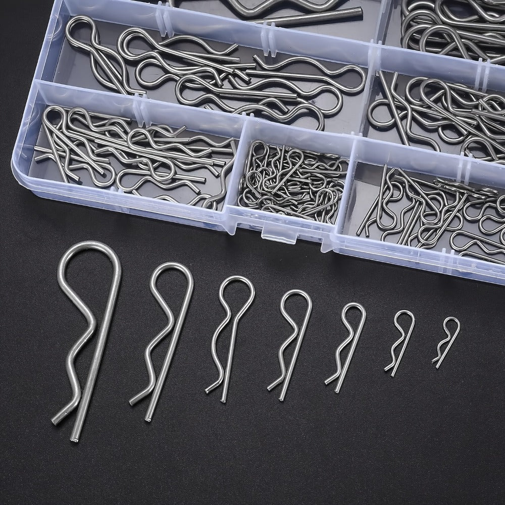 100-Piece 304 Stainless Steel R Cotter Pin Assortment in Seven Sizes with Clear Storage Case