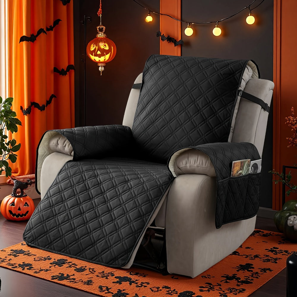 Quilted One-Piece Recliner Chair Cover with Side Pockets, Back Buckle Strap and 11 Color Options