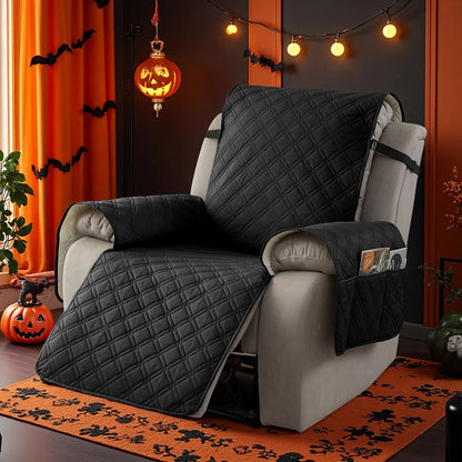 Quilted One-Piece Recliner Chair Cover with Side Pockets, Back Buckle Strap and 11 Color Options