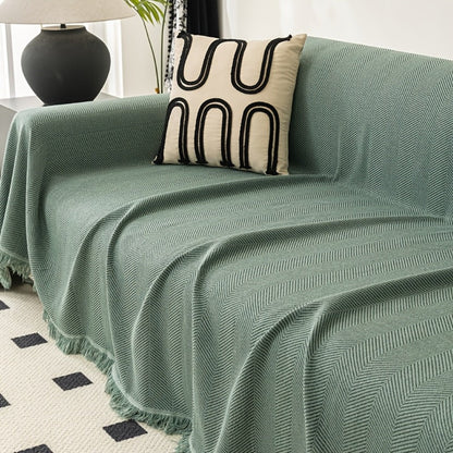 Sofa Cover 71-Inch Herringbone Jacquard Woven Throw with Tassel Fringe in Grey, Coffee, Green or Blue