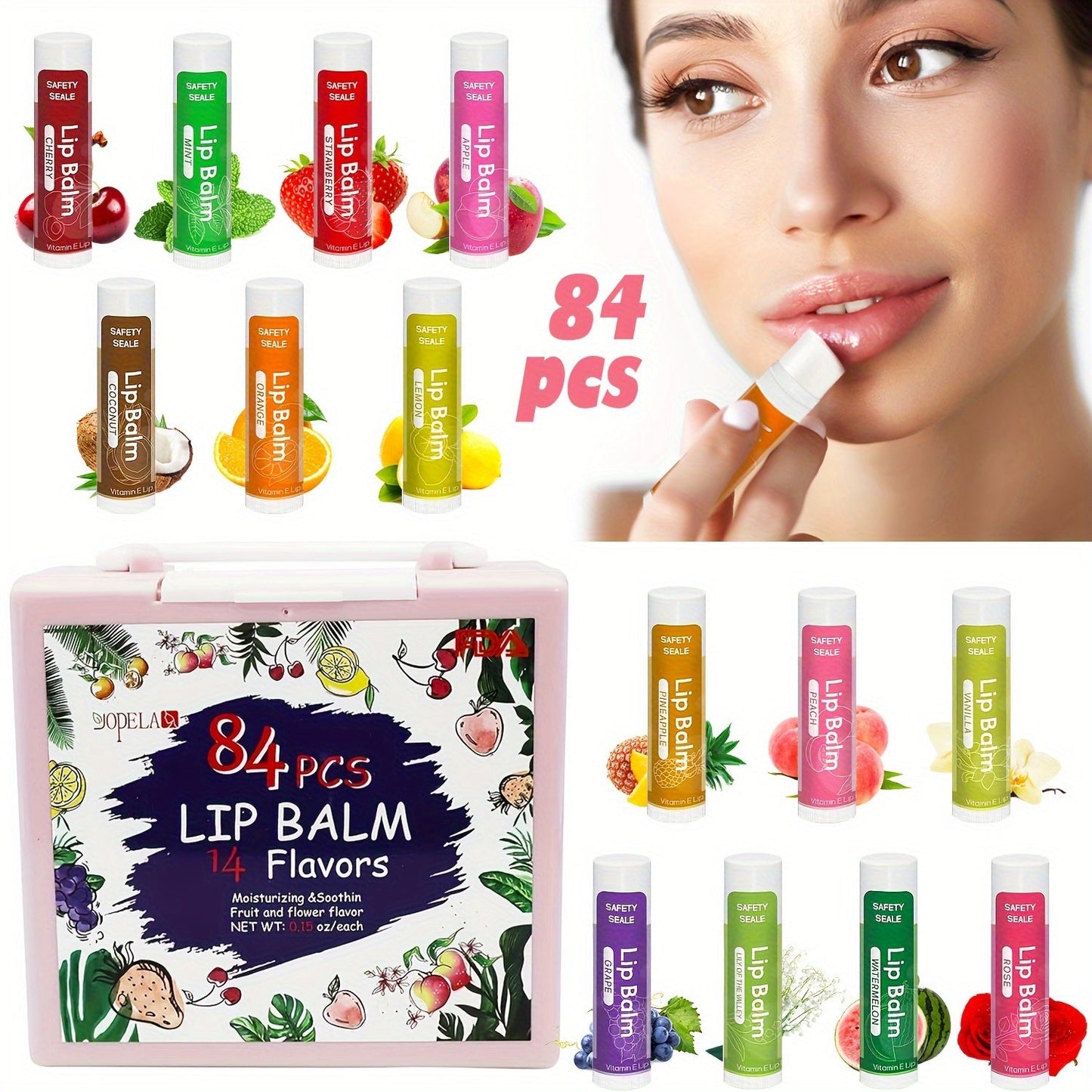 Lip Balm 84-Piece Bulk Set with 14 Flavors, Vitamin E, Coconut Oil and 4.2g Twist-Up Tubes