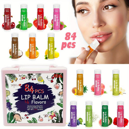 Lip Balm 84-Piece Bulk Set with 14 Flavors, Vitamin E, Coconut Oil and 4.2g Twist-Up Tubes