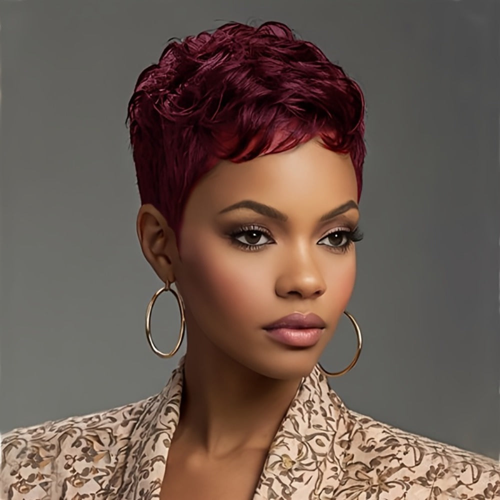 Layered Pixie Wig with Bangs Body Wave Rose Net Cap 4 Inch Synthetic Multi Color Black Burgundy Brown Red for Women Low Maintenance Casual Formal Daily Wear Party
