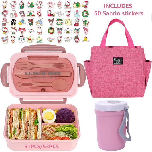 Sanrio Lunch Box Set 53pcs Bento Box with Thermal Bag Breakfast Cup Portable Sealed Compartment Microwave Dishwasher Safe for Work Picnic School