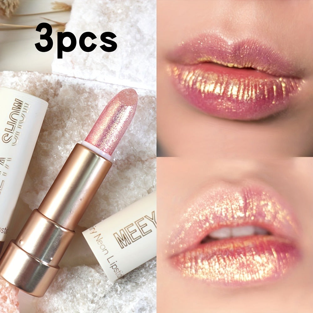 Three-Piece Glitter Shimmer Lipstick Set with Pearlescent Pink-Gold Finish for Party and Stage Makeup