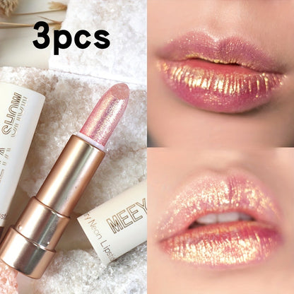 Three-Piece Glitter Shimmer Lipstick Set with Pearlescent Pink-Gold Finish for Party and Stage Makeup