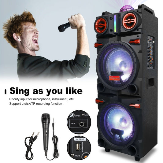 Karaoke Party Bluetooth Speaker with Sound Reactive Lights, 1000W Peak DJ Subwoofer Stereo Boombox, USB SD AUX FM Radio, Telescopic Rod Remote Control for Outdoor Indoor Party