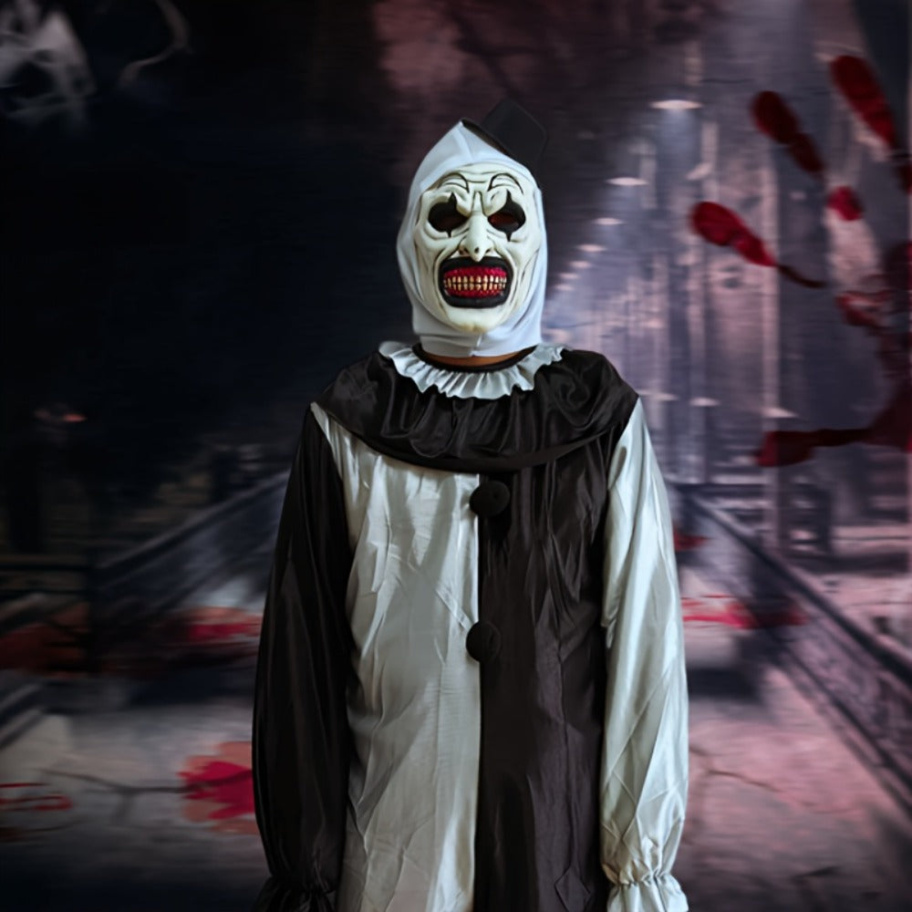 White Horror Clown Costume Mask with Full-Head Latex-Style Hood, Red Teeth and Attached Black Hat