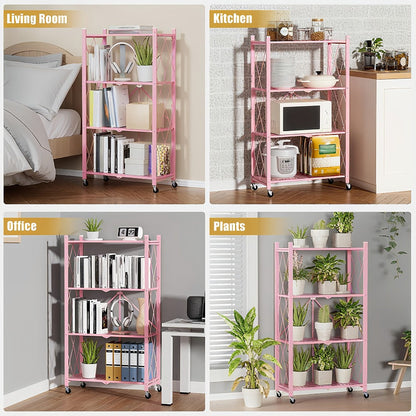 Foldable Storage Rack with Lockable Wheels 3 4 5 Tier Carbon Steel No Assembly Space Saving Floor Standing Shelf for Bedroom Balcony Garden