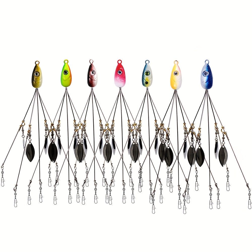 Fishing Lure Set 7-Piece Five-Arm Umbrella Rigs with Spinner Blades, Reinforcing Pins and Mixed Head Colors