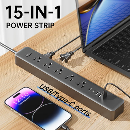 Wall Mount Power Strip 15-in-1 Slim Long Strip, 10 AC Outlets & 5 USB Ports (3 USB-A + 2 USB-C), Surge Protection Overload Protection, Multi-Function Power Outlet for Office Home Travel – Space-Saving Design