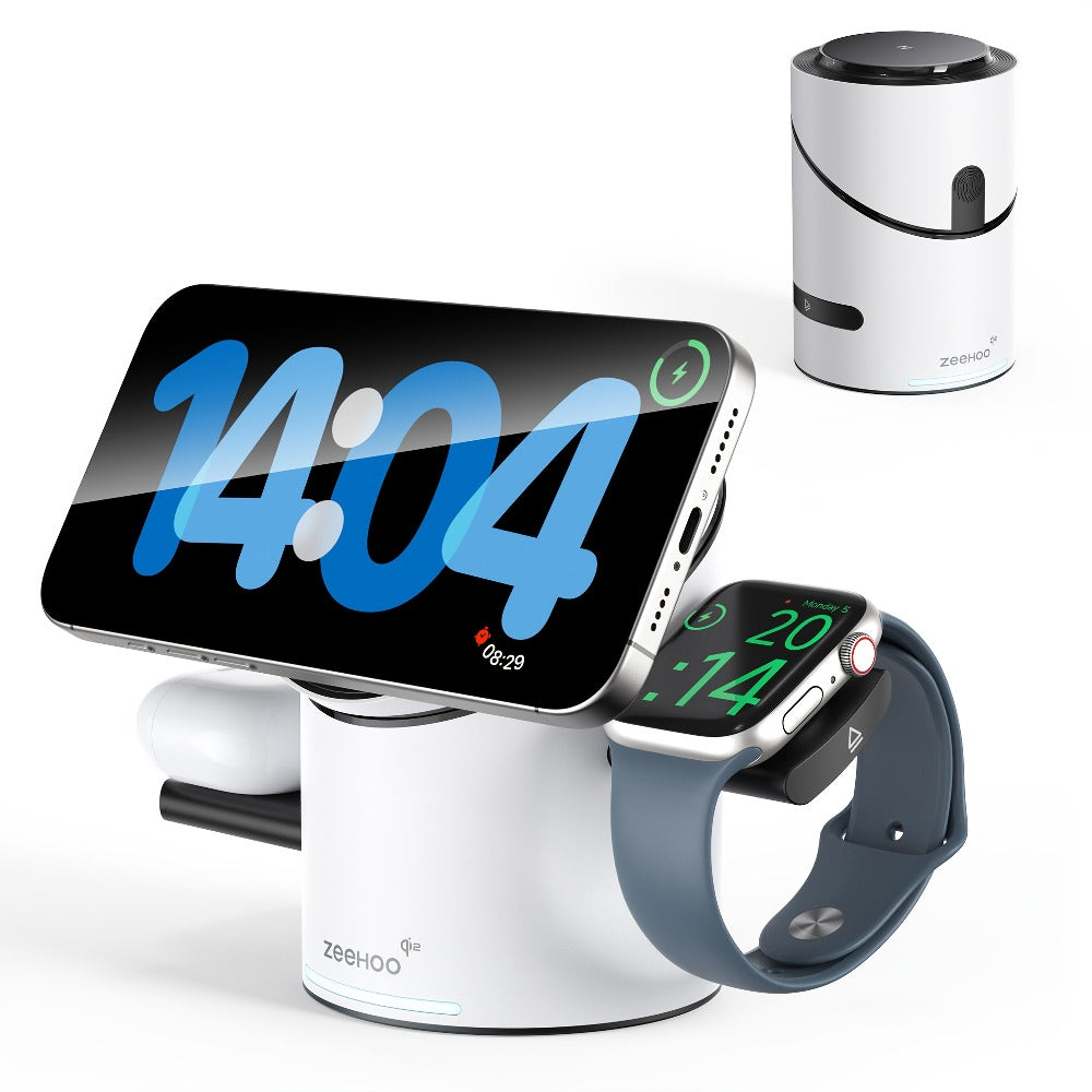 Wireless Charging Station, ZEEHOO CylinTrick-R Qi2-Marked 15W Rotating 3-in-1 Stand in White or Black