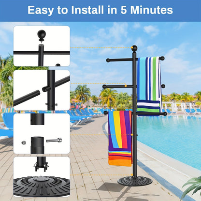 Freestanding Three-Bar Outdoor Pool Towel Rack with Hooks and Wide Base in Black Metal Finish