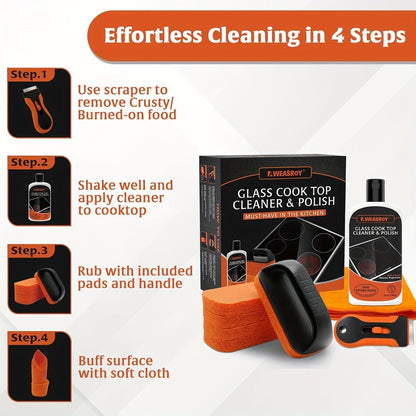 Glass Stove and Cooktop Cleaner Kit with 12 oz Cleaner, Scraper, Scrubbing Pad, Handle and Cloth, Nine Pieces