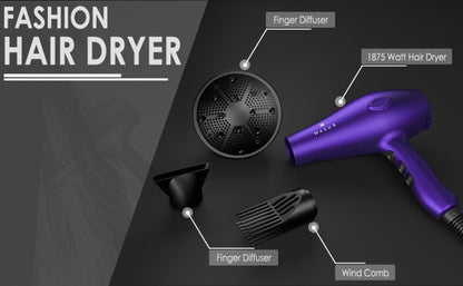 1875W Ionic Hair Dryer with Diffuser Concentrator Comb Nozzle - Professional Blow Dryer DC Motor 3 Heat 2 Speed Cool Shot Anti-Frizz Salon Quality for Women Black