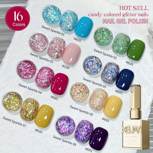 Gel Nail Polish Two-Color Candy Glitter Duo, 0.51 oz Each with Seven Shade Pair Options for UV/LED Curing