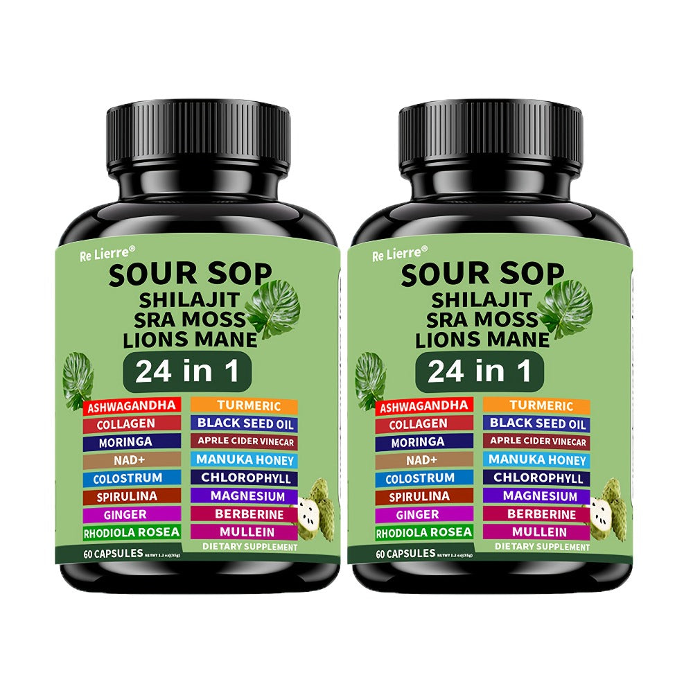 Dietary Supplement Sea Moss 24-in-1 Capsules with Soursop, Lion’s Mane and Shilajit, One or Two Bottles