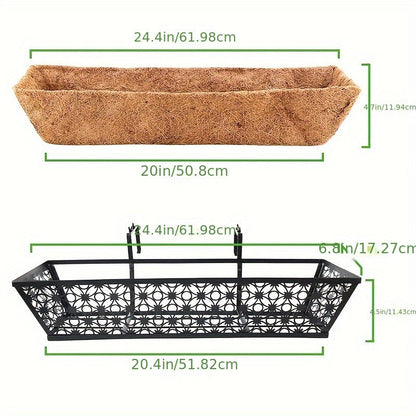 Two-Set Dark Window Box Planter Pair with Pictured Coco-Look Liners and Adjustable Railing Brackets