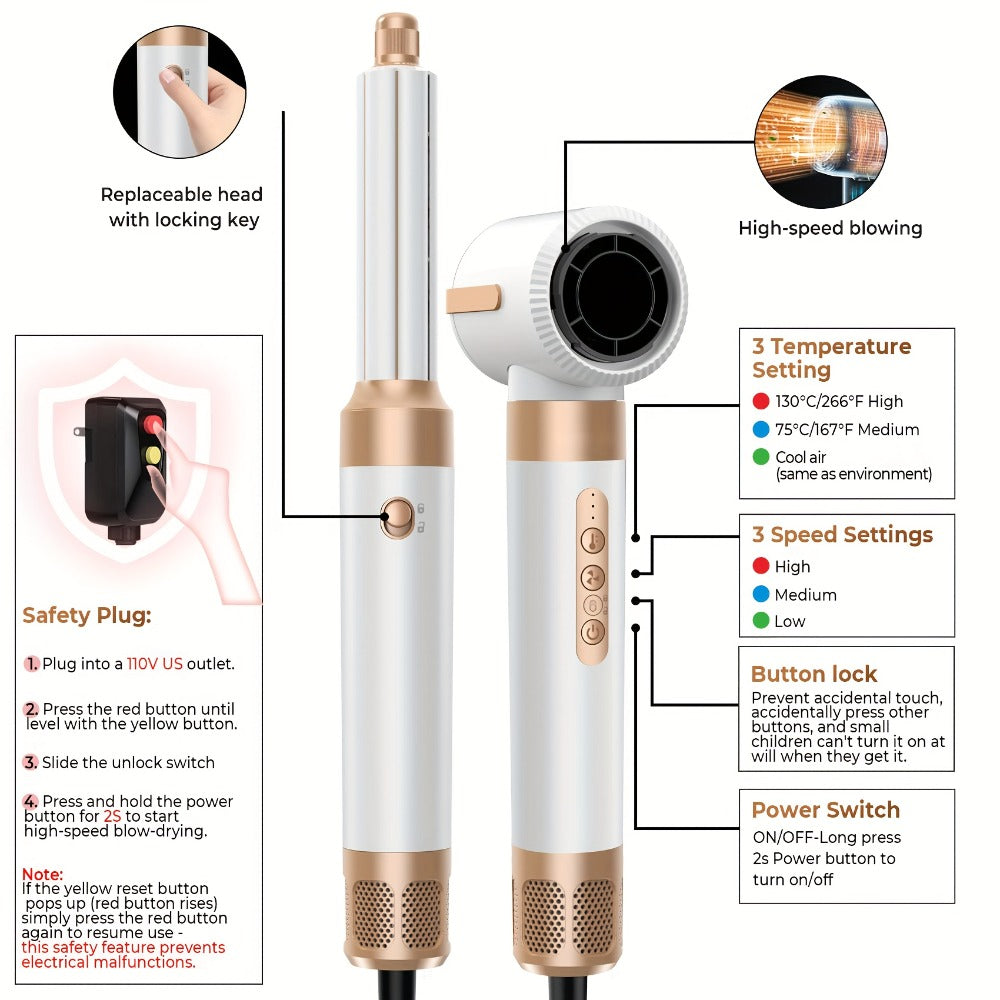 7-in-1 Hot Air Brush Hair Styling Tool with 110,000 RPM Motor, Diffuser and Attachment Set