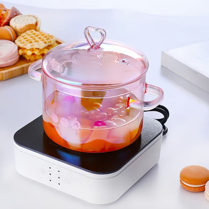 Glass Cooking Pot Cookware with 1500ml Capacity, Heart-Shaped Lid and Transparent Pink Body