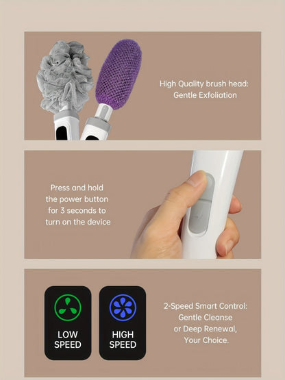 Electric Body Scrubber Brush 3 Replaceable Heads Dual Speed Shower Back Cleaner Exfoliating Skin Cleansing Massage African Bath Sponge Long Handle for Women Men Home Spa Daily Use