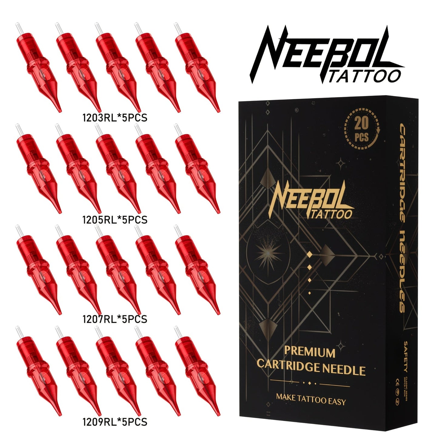 Tattoo Cartridge Needles with Neebol Label, 20 or 50-Piece #10 #12 Round Liner and RM Choices