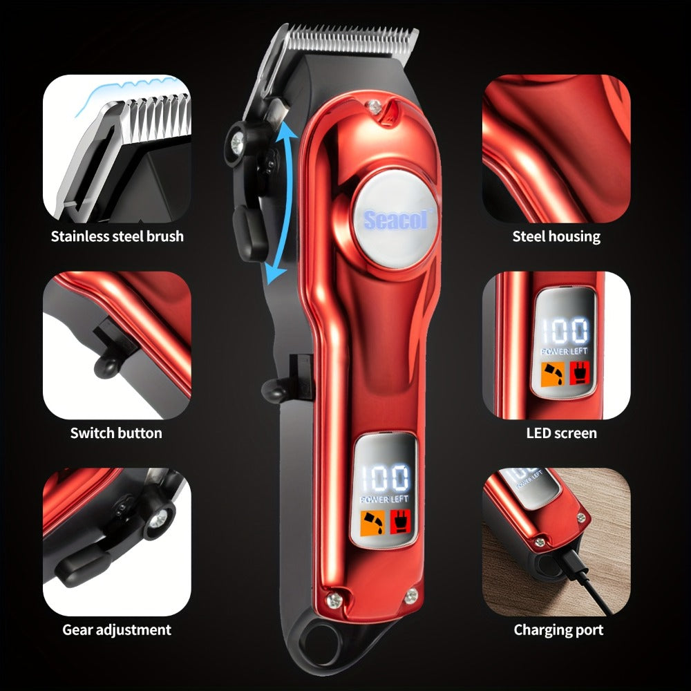 900mAh LCD Hair Clippers for Men – USB Rechargeable Cordless Electric Trimmer with Limit Combs & Cleaning Brush, Professional Fade Barber Clipper for Home Use, Black Red