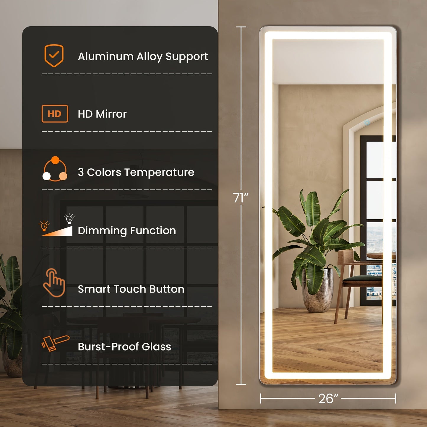 Full Length Mirror Floor Standing with LED Light - Arched & Rect Aluminum Frame Dressing Mirror for Bedroom Living Room, Black/Golden/White