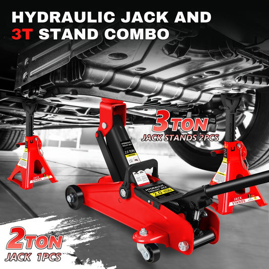Hydraulic Floor Jack Kit 2/2.5/3 Ton Low Profile Trolley Jack with Jack Stands, Tire Repair Kit, Wheel Wrench & Wheel Chock Combo - Red/Blue